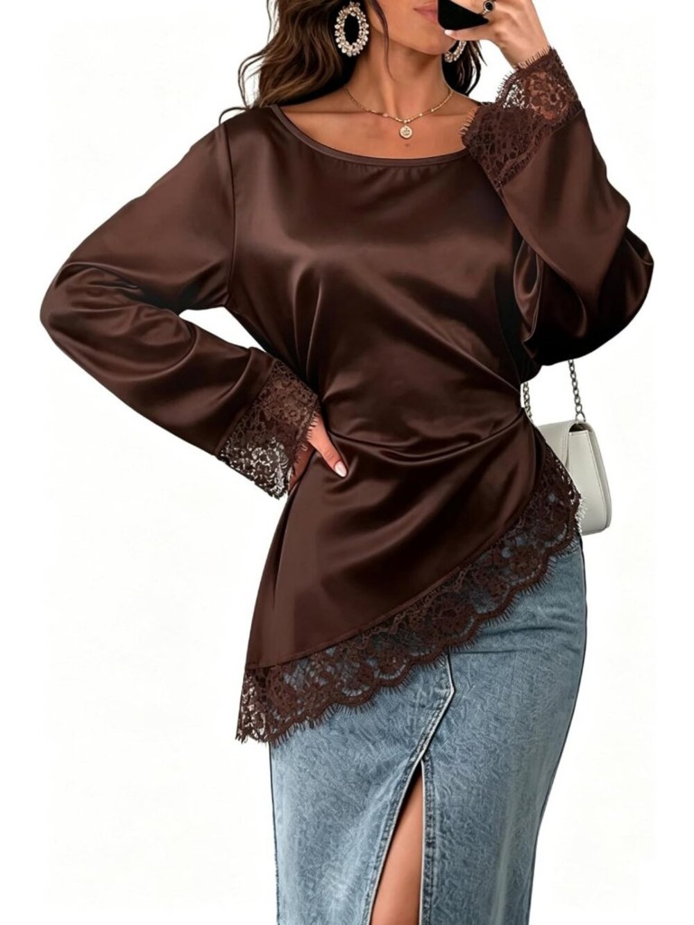Chic Asymmetrical Lace Satin Blouse for Women | Long Sleeve Top with Belt